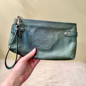 Coach Audrey Lagoon Green Patent Leather Perforated Logo Wristlet